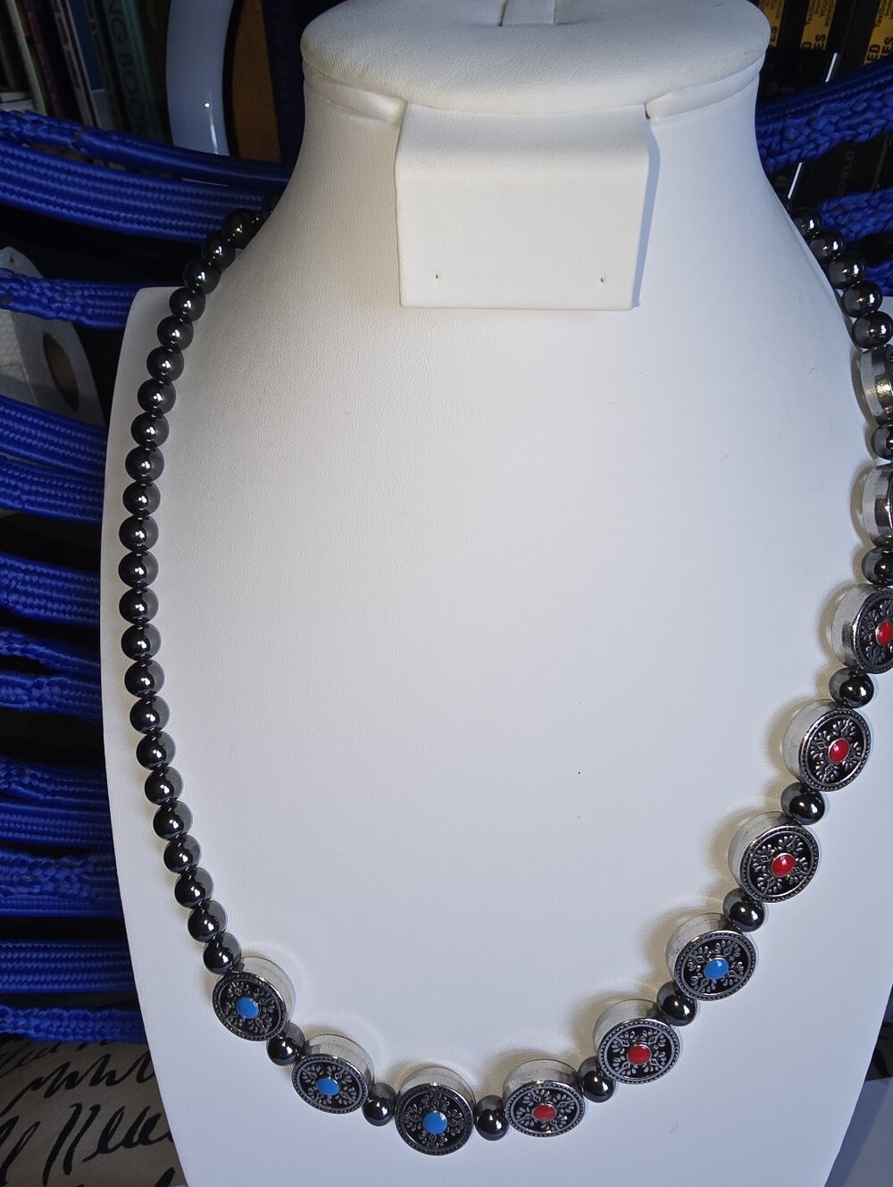 Black Bead Necklace with Red & Blue Accent Medallions